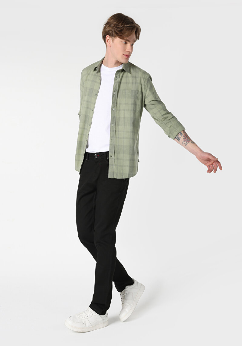 Slim Fit Shirt Neck Ekoseli Erkek Yeşil Uzun Kol Gömlek