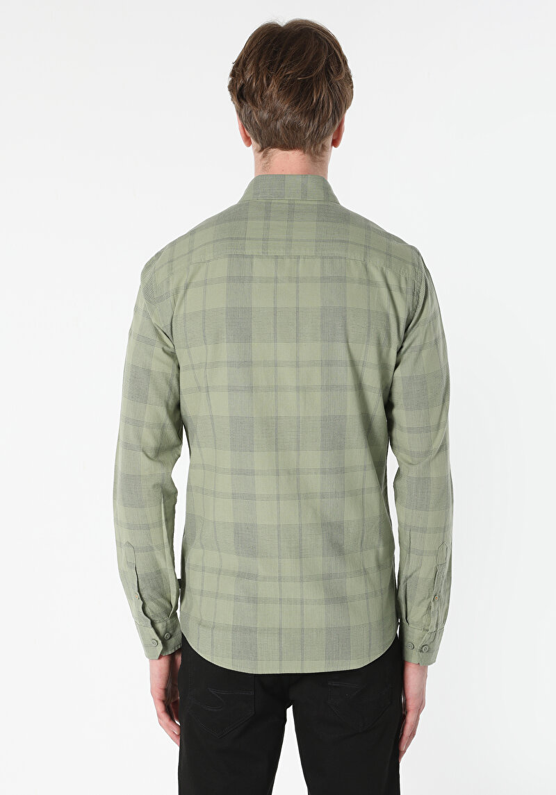Slim Fit Shirt Neck Ekoseli Erkek Yeşil Uzun Kol Gömlek