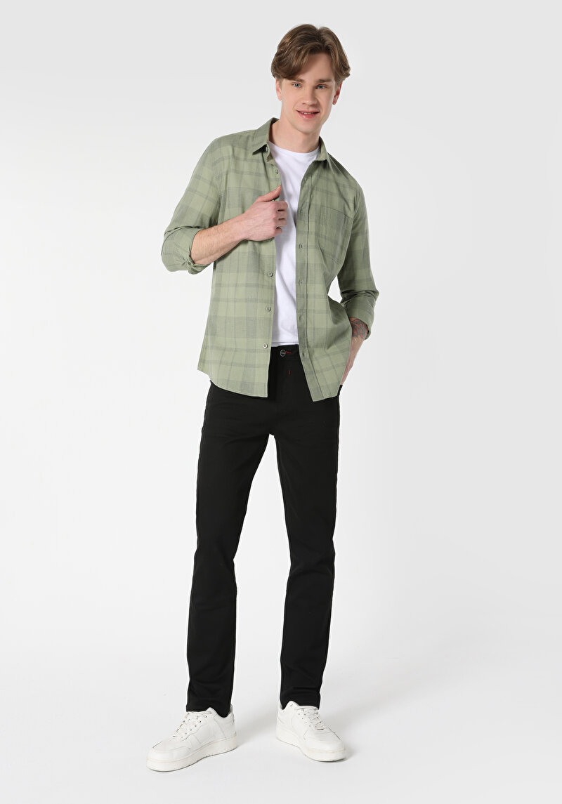 Slim Fit Shirt Neck Ekoseli Erkek Yeşil Uzun Kol Gömlek