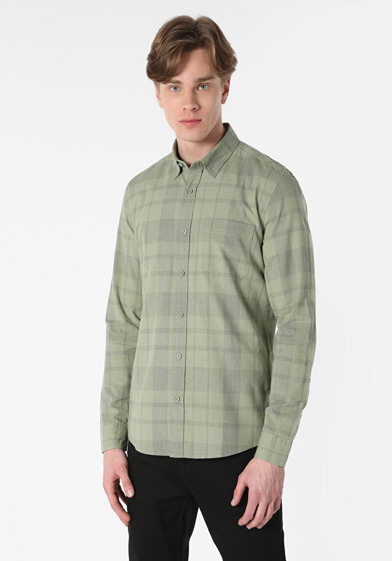 Slim Fit Shirt Neck Ekoseli Erkek Yeşil Uzun Kol Gömlek