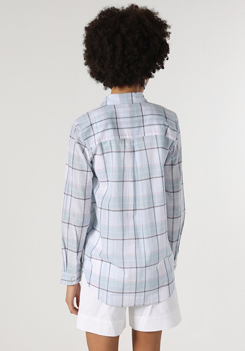 Regular Fit Shirt Neck Ekoseli Kadın Mavi Uzun Kol Gömlek