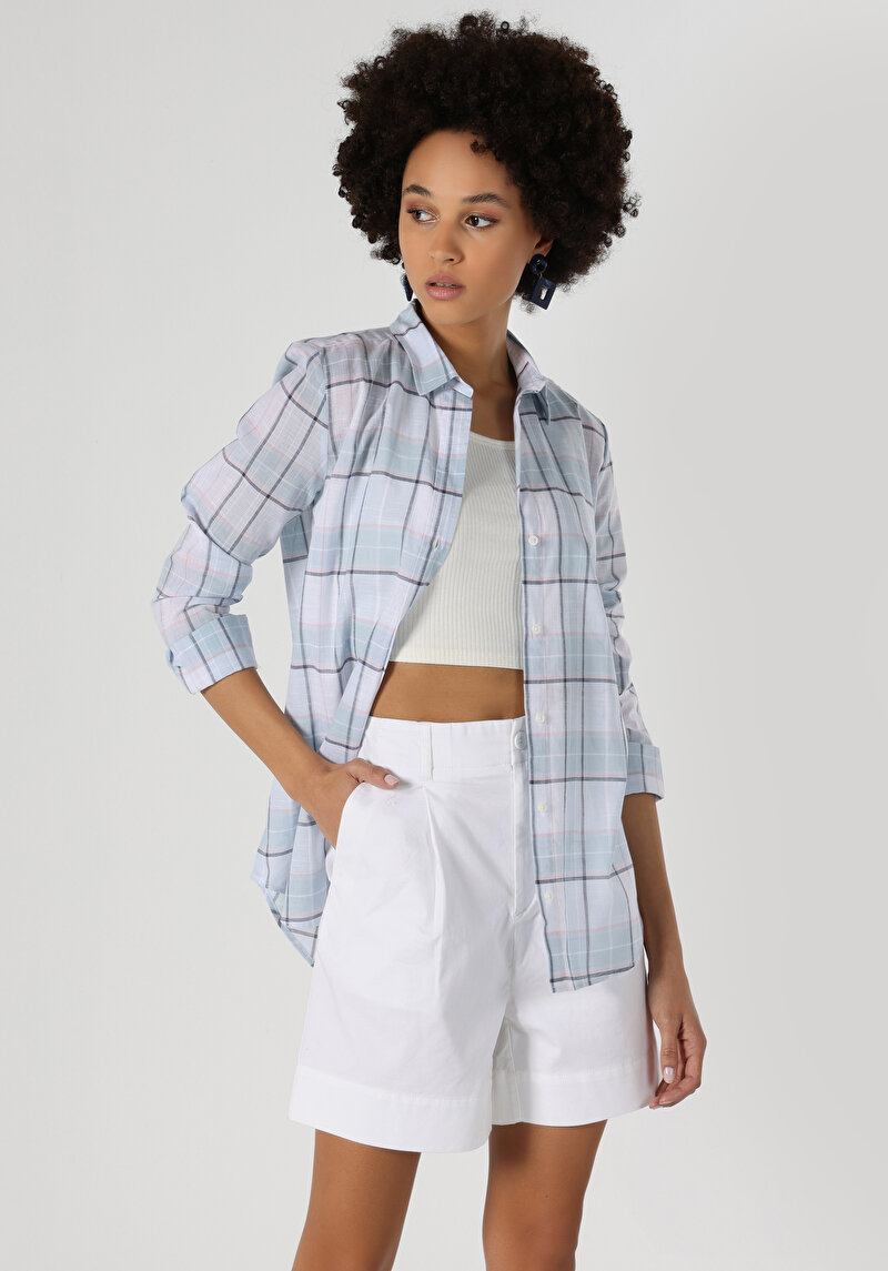 Regular Fit Shirt Neck Ekoseli Kadın Mavi Uzun Kol Gömlek