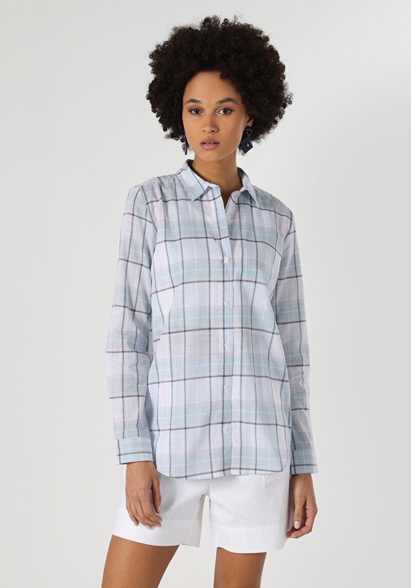 Regular Fit Shirt Neck Ekoseli Kadın Mavi Uzun Kol Gömlek