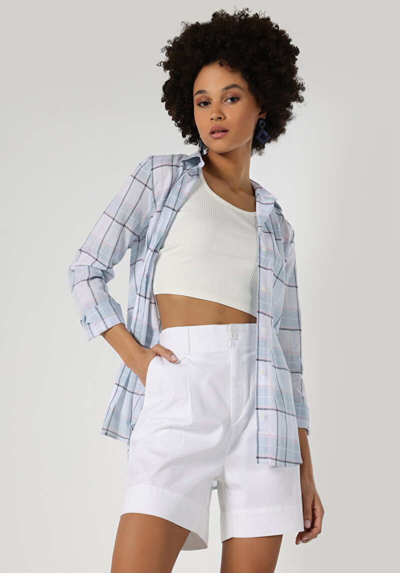 Regular Fit Shirt Neck Ekoseli Kadın Mavi Uzun Kol Gömlek