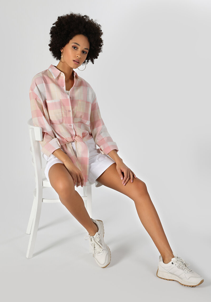 Regular Fit Shirt Neck Ekoseli Kadın Pembe Uzun Kol Gömlek