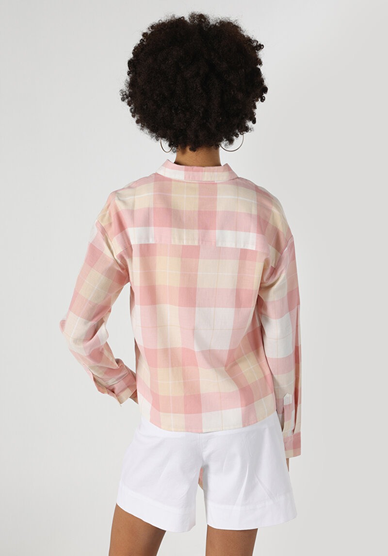 Regular Fit Shirt Neck Ekoseli Kadın Pembe Uzun Kol Gömlek