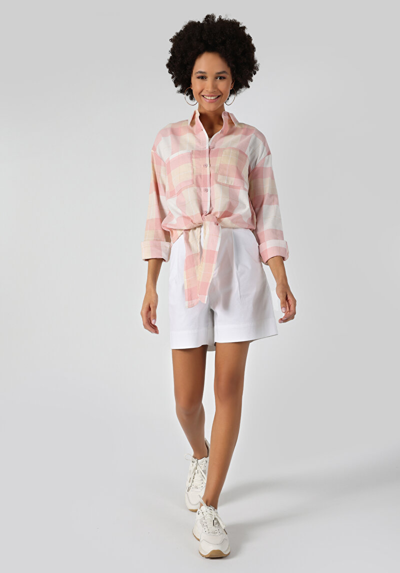 Regular Fit Shirt Neck Ekoseli Kadın Pembe Uzun Kol Gömlek