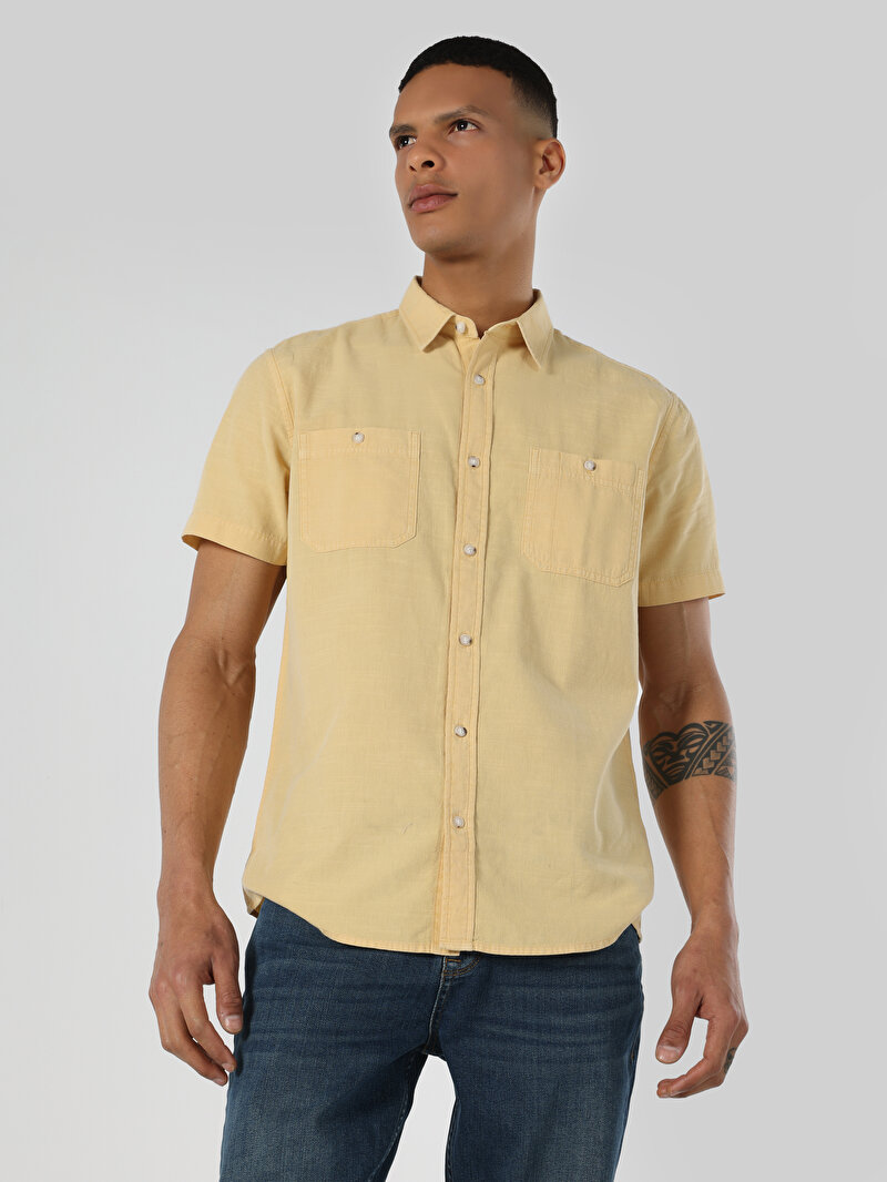 Regular Fit Hakim Yaka Düz Erkek Sari Kısa Kol Gömlek