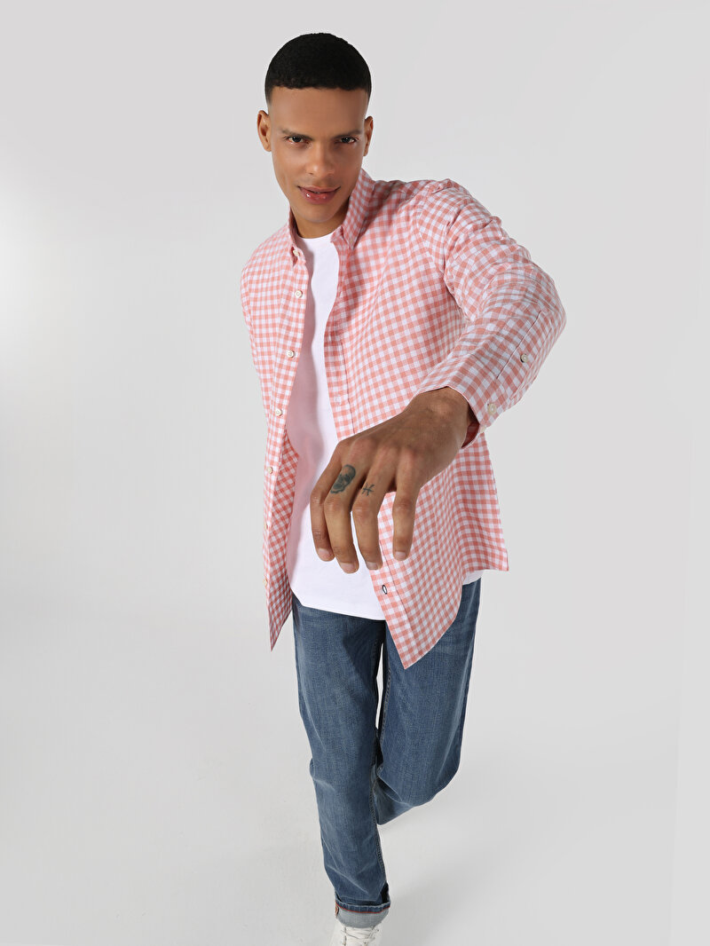 Regular Fit Shirt Neck Kareli Erkek Kirmizi Uzun Kol Gömlek