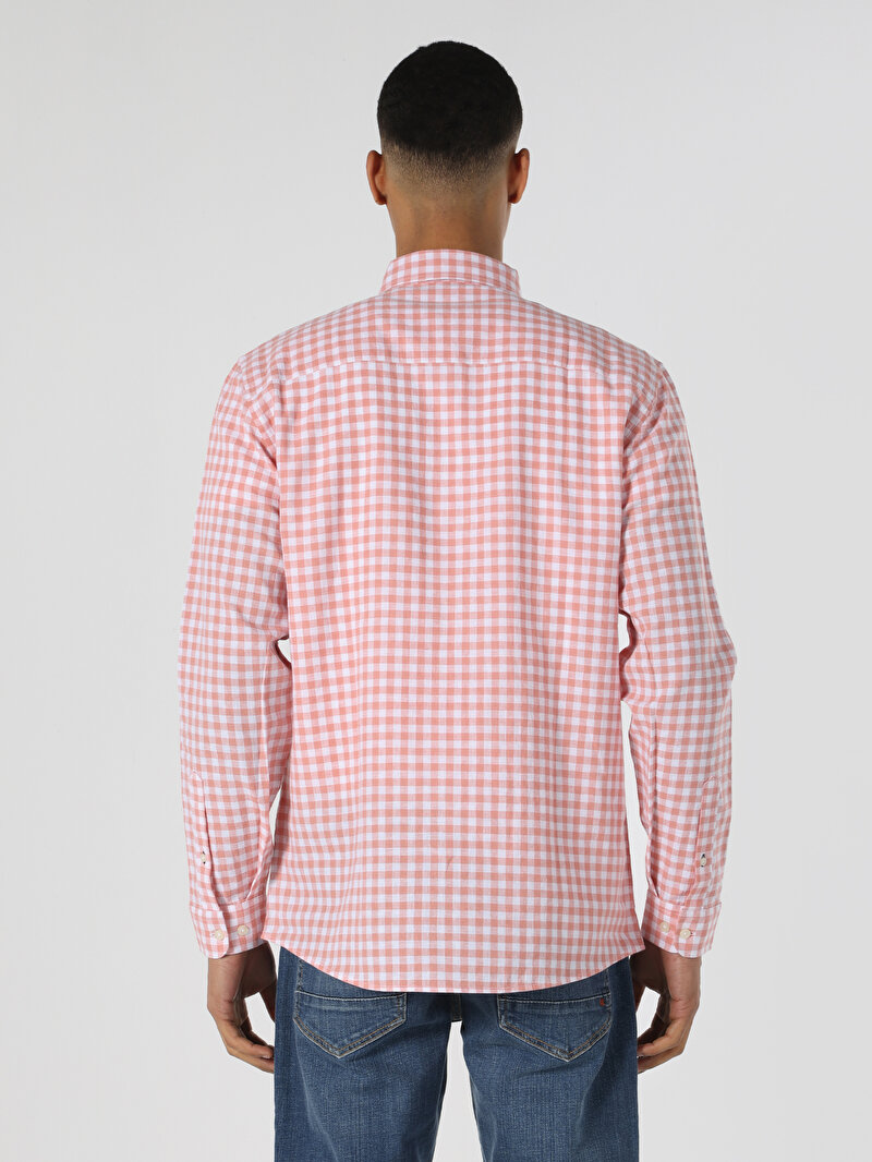 Regular Fit Shirt Neck Kareli Erkek Kirmizi Uzun Kol Gömlek