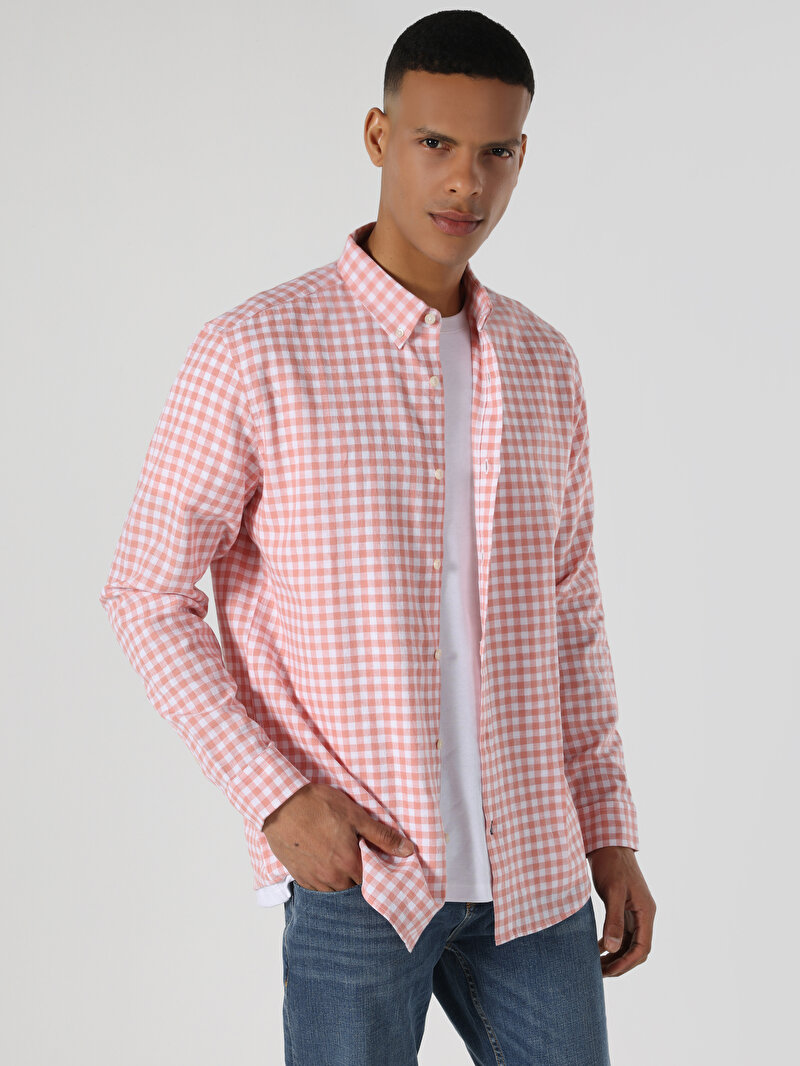 Regular Fit Shirt Neck Kareli Erkek Kirmizi Uzun Kol Gömlek