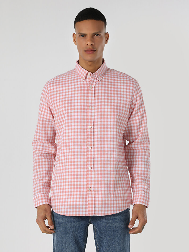 Regular Fit Shirt Neck Kareli Erkek Kirmizi Uzun Kol Gömlek