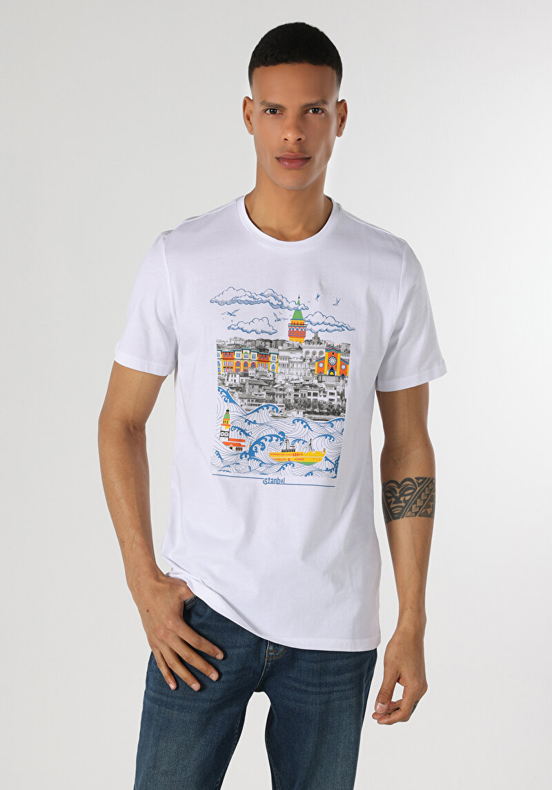 Regular Fit Yuvarlak Yaka Erkek Beyaz Kısa Kol Tişört