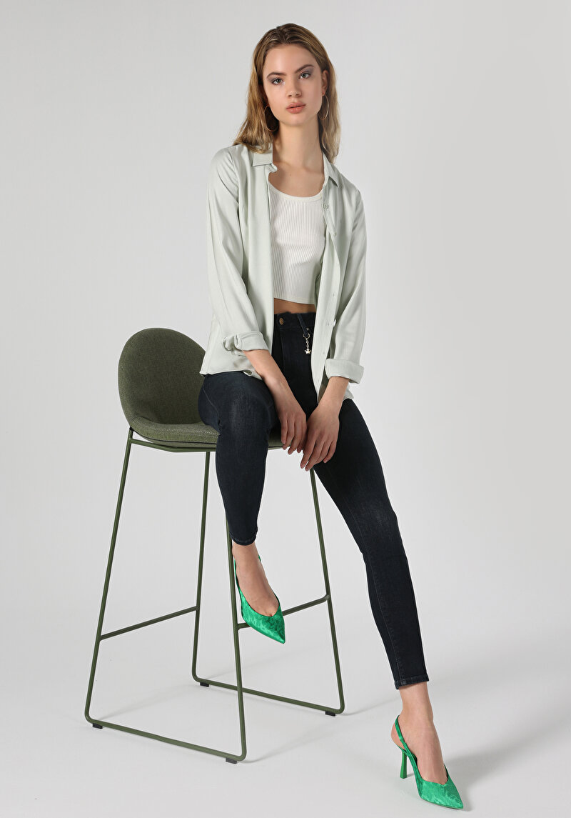 Regular Fit Shirt Neck Düz Kadın Yeşil Uzun Kol Gömlek