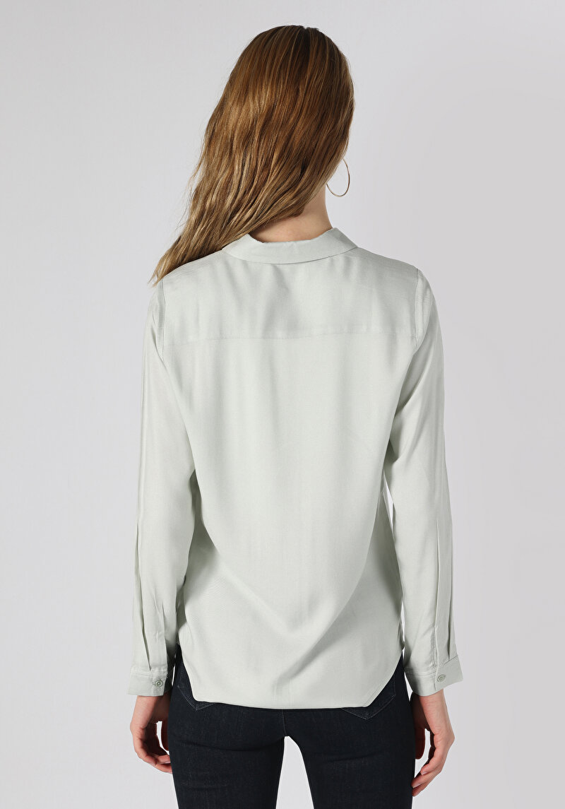 Regular Fit Shirt Neck Düz Kadın Yeşil Uzun Kol Gömlek