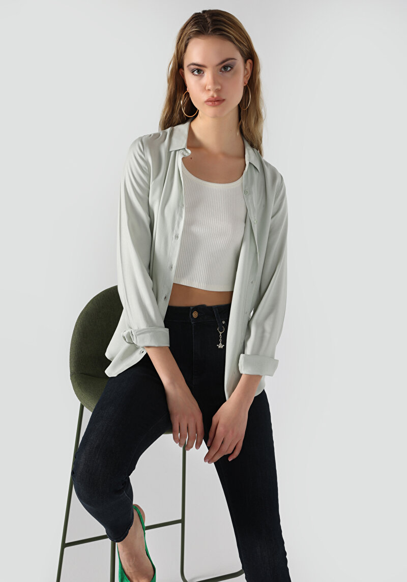 Regular Fit Shirt Neck Düz Kadın Yeşil Uzun Kol Gömlek