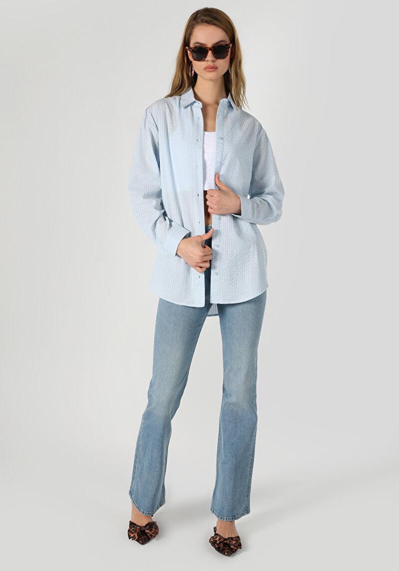 Relaxed Fit Shirt Neck Düz Kadın Mavi Uzun Kol Gömlek