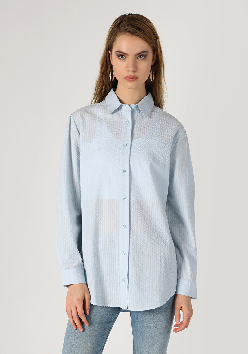 Relaxed Fit Shirt Neck Düz Kadın Mavi Uzun Kol Gömlek