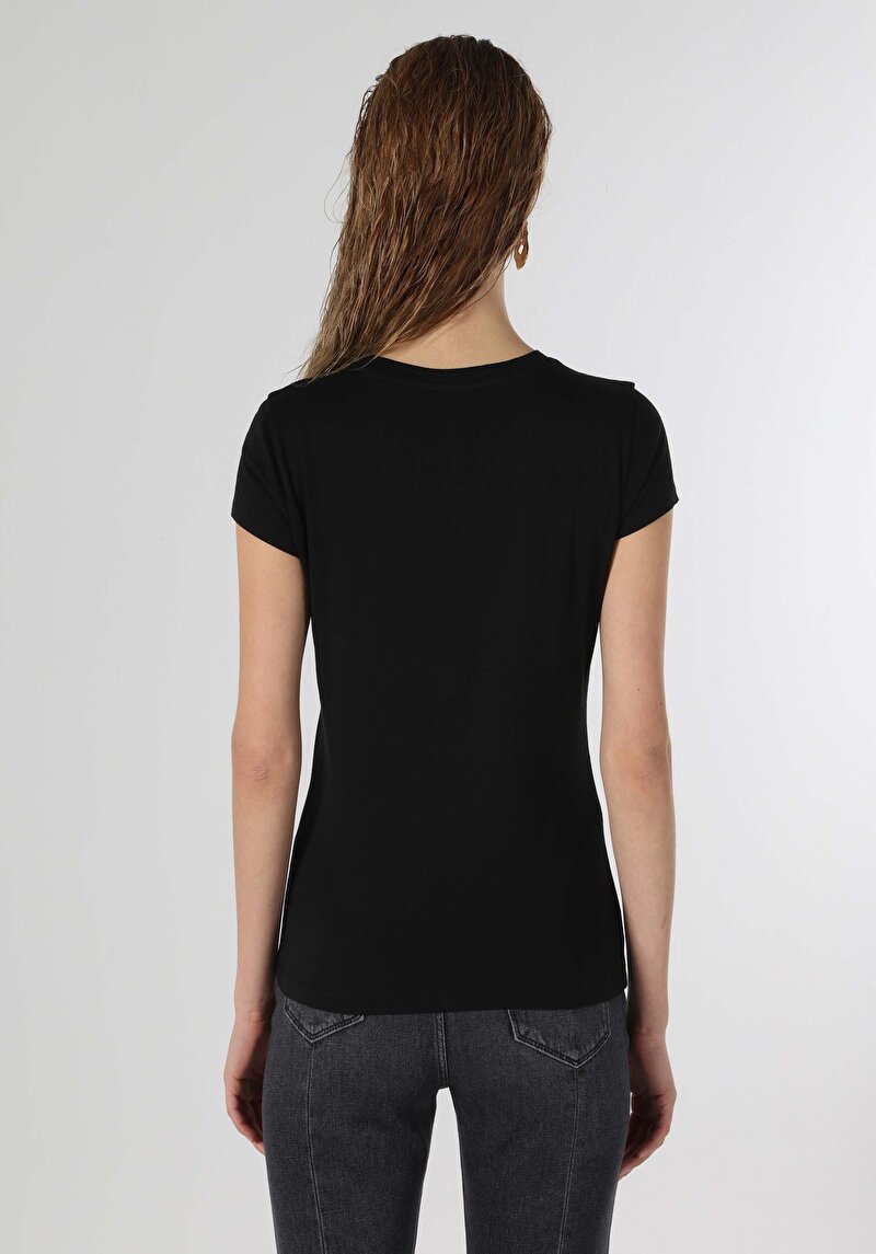 Regular Fit Örme Cepsiz Yuvarlak Yaka Baskılı Kadın Siyah Kısa Kol Tişört