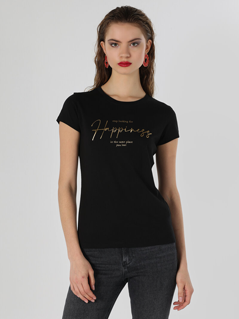 Regular Fit Örme Cepsiz Yuvarlak Yaka Baskılı Kadın Siyah Kısa Kol Tişört