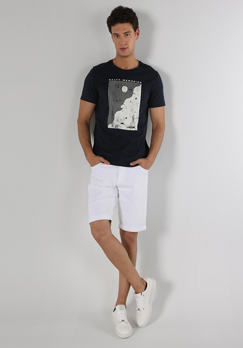 Regular Fit Yuvarlak Yaka Düz Erkek Lacivert Kısa Kol Tişört