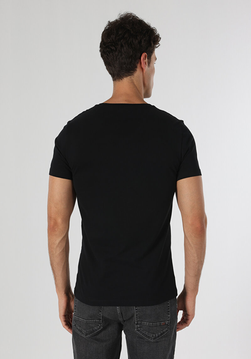 Slim Fit V Yaka Düz Erkek Siyah Kısa Kol Tişört