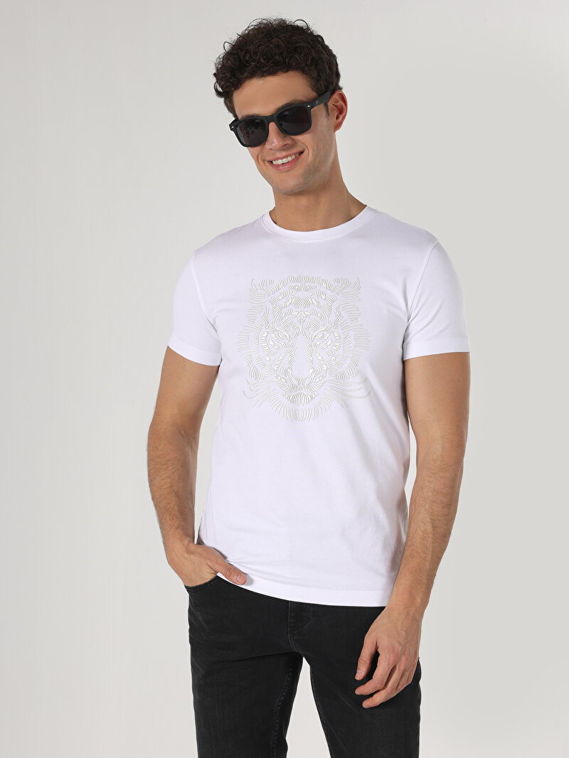 Slim Fit Yuvarlak Yaka Düz Erkek Beyaz Kısa Kol Tişört
