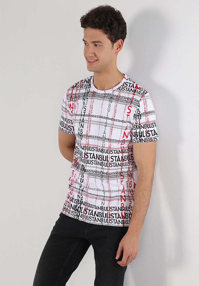 Regular Fit Yuvarlak Yaka Baskılı Erkek Beyaz Kısa Kol Tişört