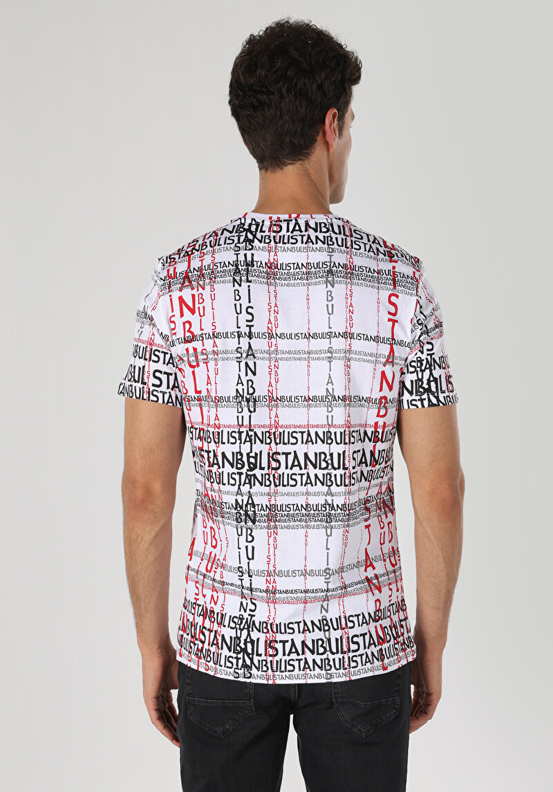 Regular Fit Yuvarlak Yaka Baskılı Erkek Beyaz Kısa Kol Tişört