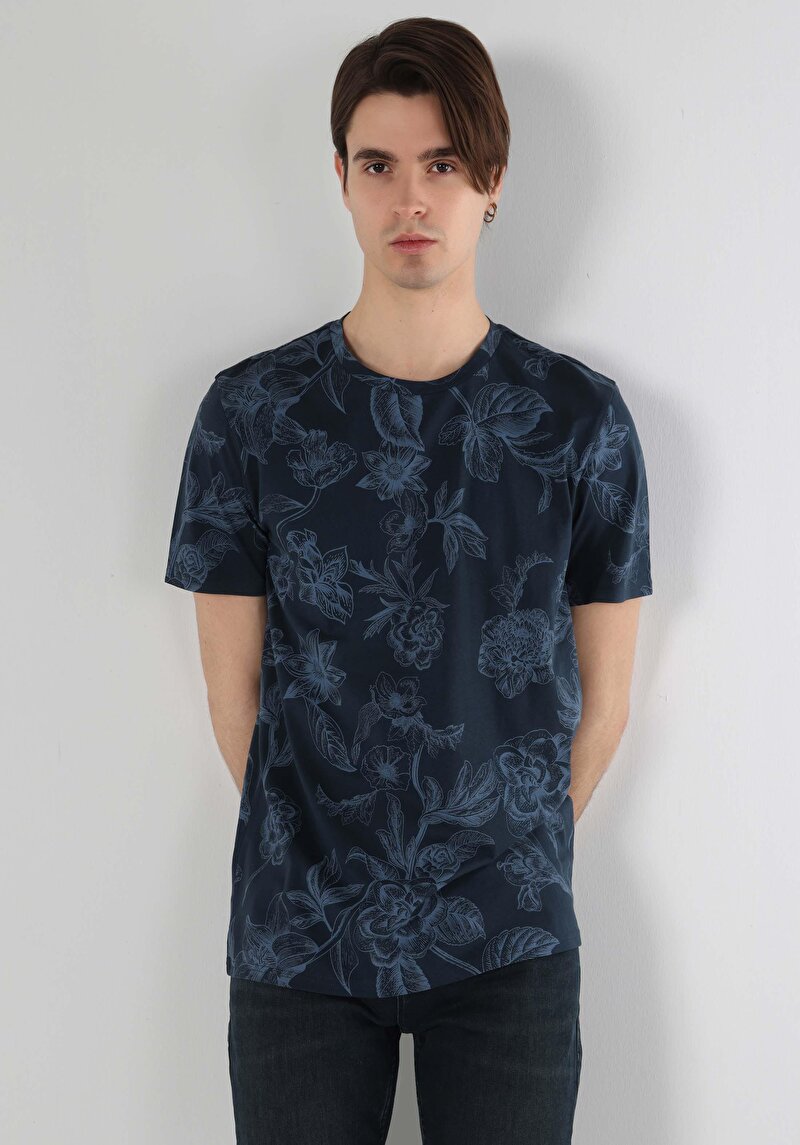 Regular Fit Yuvarlak Yaka Örme Baskılı Cepsiz Erkek Lacivert Kısa Kol Tişört