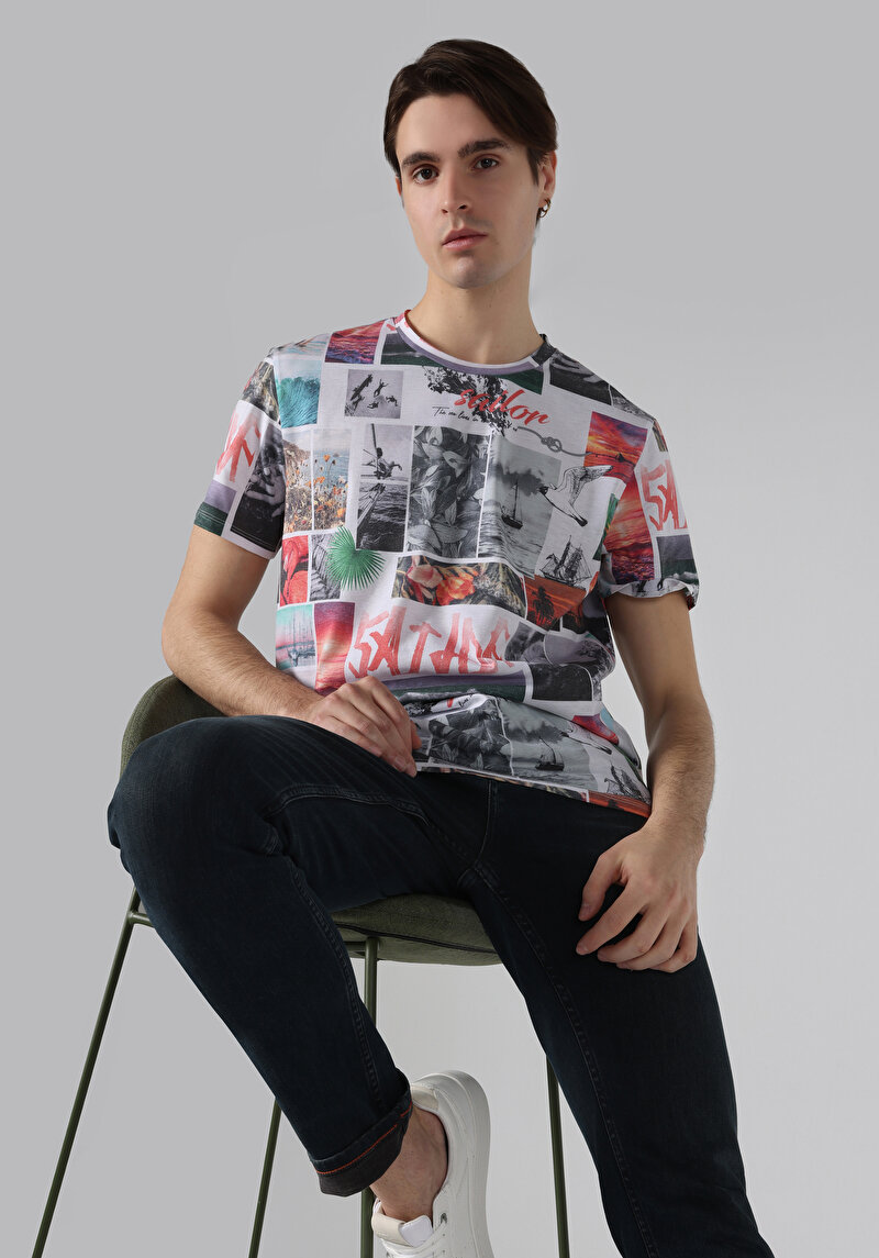 Regular Fit Yuvarlak Yaka Baskılı Erkek Çok Renkli Kısa Kol Tişört