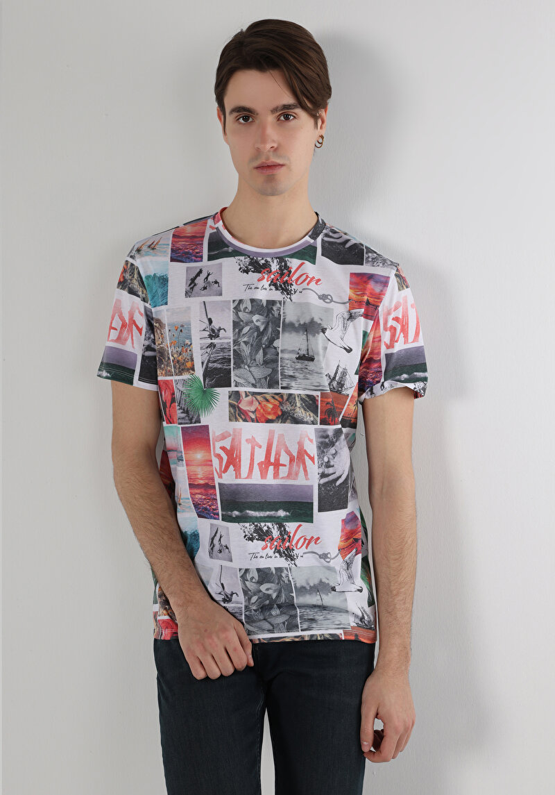 Regular Fit Yuvarlak Yaka Baskılı Erkek Çok Renkli Kısa Kol Tişört