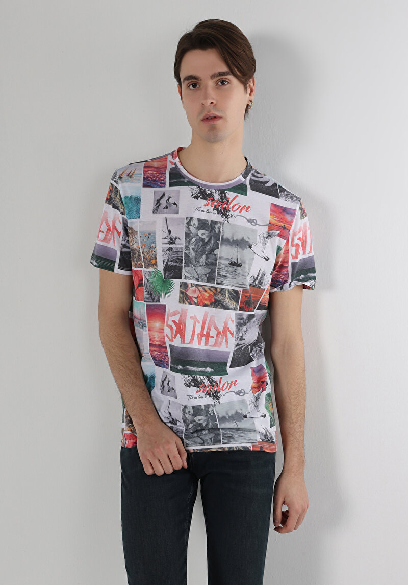 Regular Fit Yuvarlak Yaka Baskılı Erkek Çok Renkli Kısa Kol Tişört