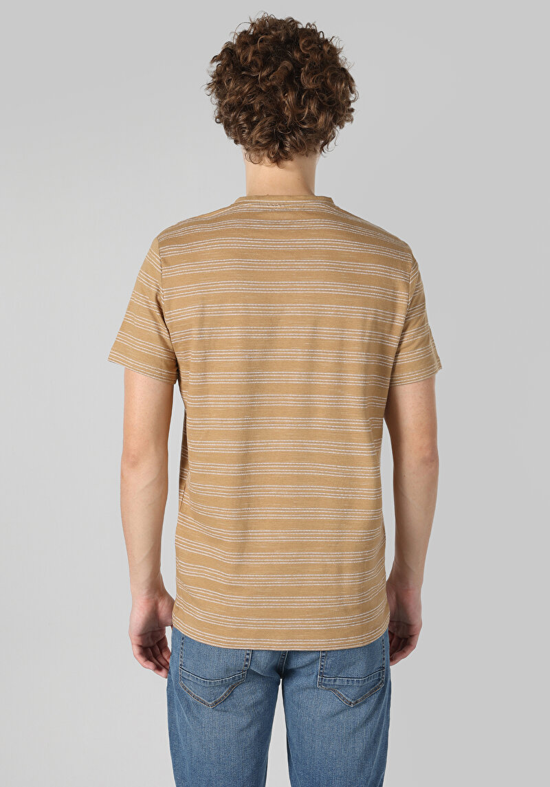 Regular Fit Yuvarlak Yaka Çizgili Erkek Bej Kısa Kol Tişört