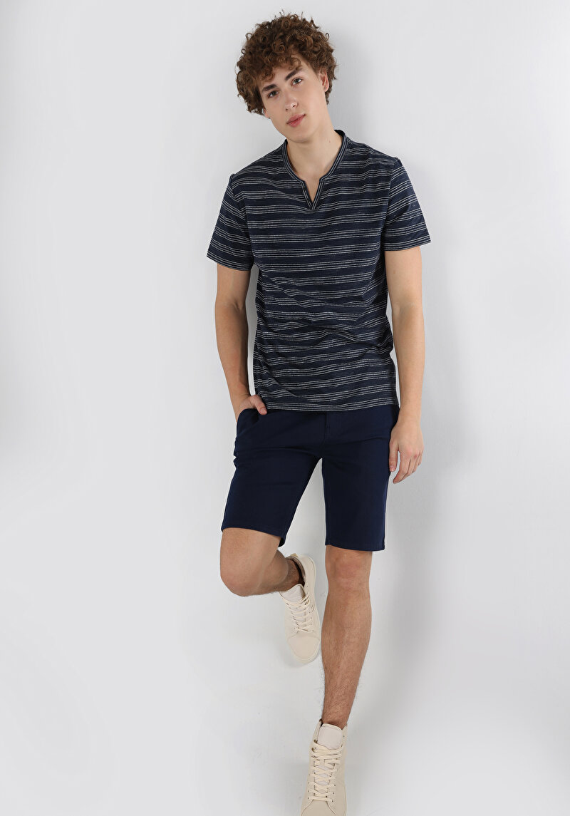 Regular Fit Yuvarlak Yaka Çizgili Erkek Lacivert Kısa Kol Tişört