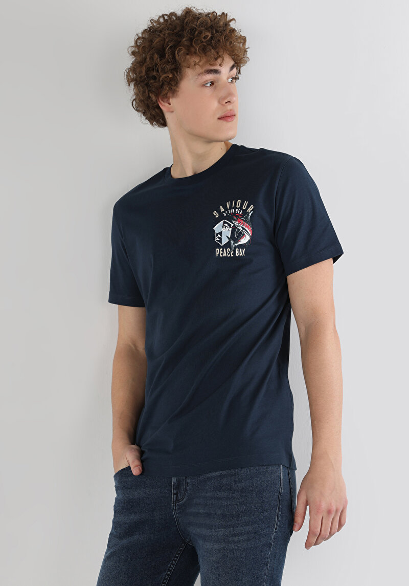 Regular Fit Yuvarlak Yaka Düz Erkek Lacivert Kısa Kol Tişört