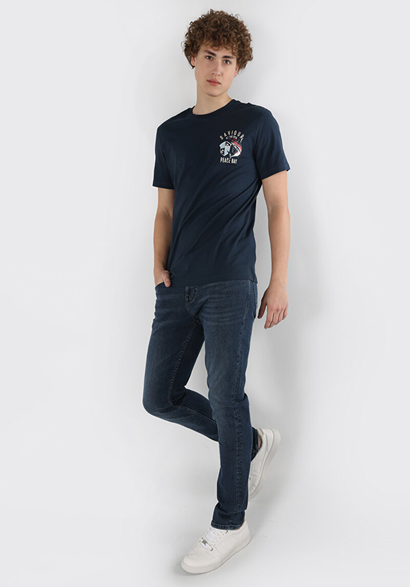 Regular Fit Yuvarlak Yaka Düz Erkek Lacivert Kısa Kol Tişört