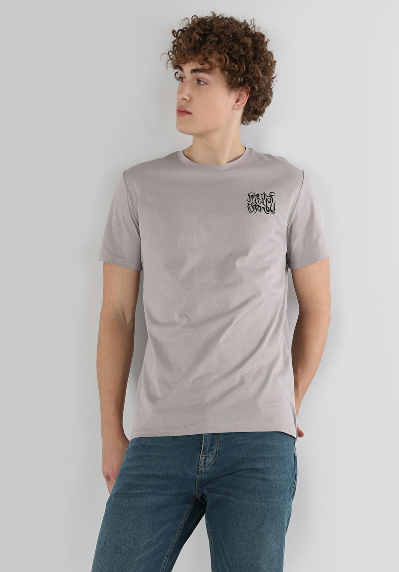 Regular Fit Yuvarlak Yaka Düz Erkek Bej Kısa Kol Tişört