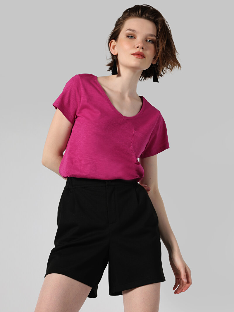 Regular Fit V Yaka Düz Kadın Pembe Kısa Kol Tişört
