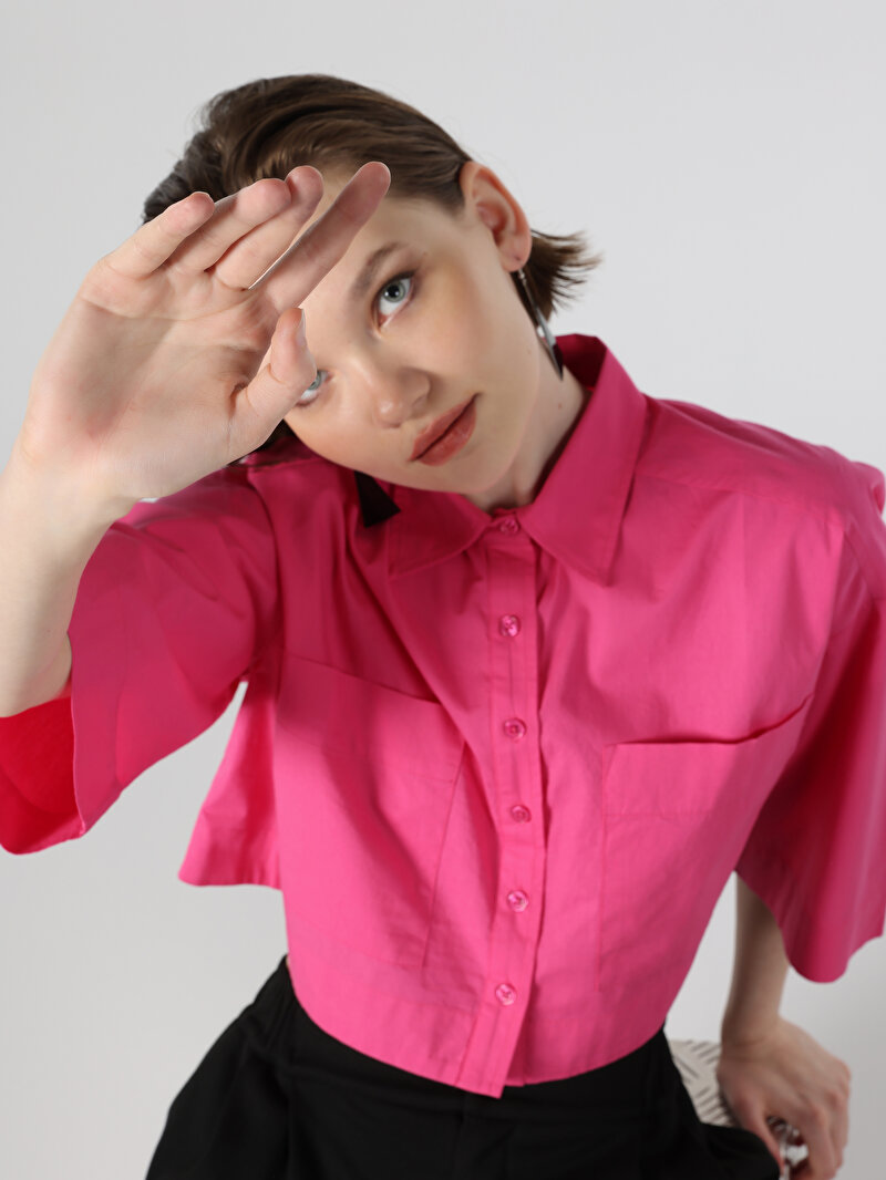 Relaxed Fit Shirt Neck Düz Kadın Pembe ¾ Kol Gömlek