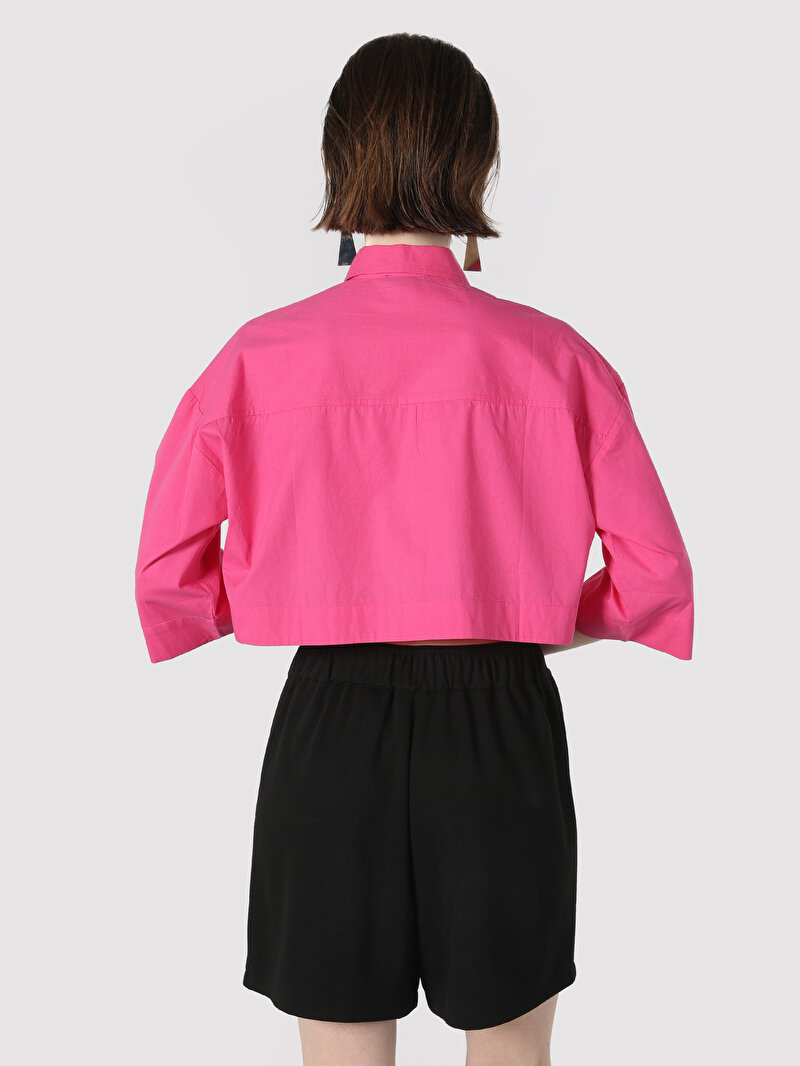 Relaxed Fit Shirt Neck Düz Kadın Pembe ¾ Kol Gömlek