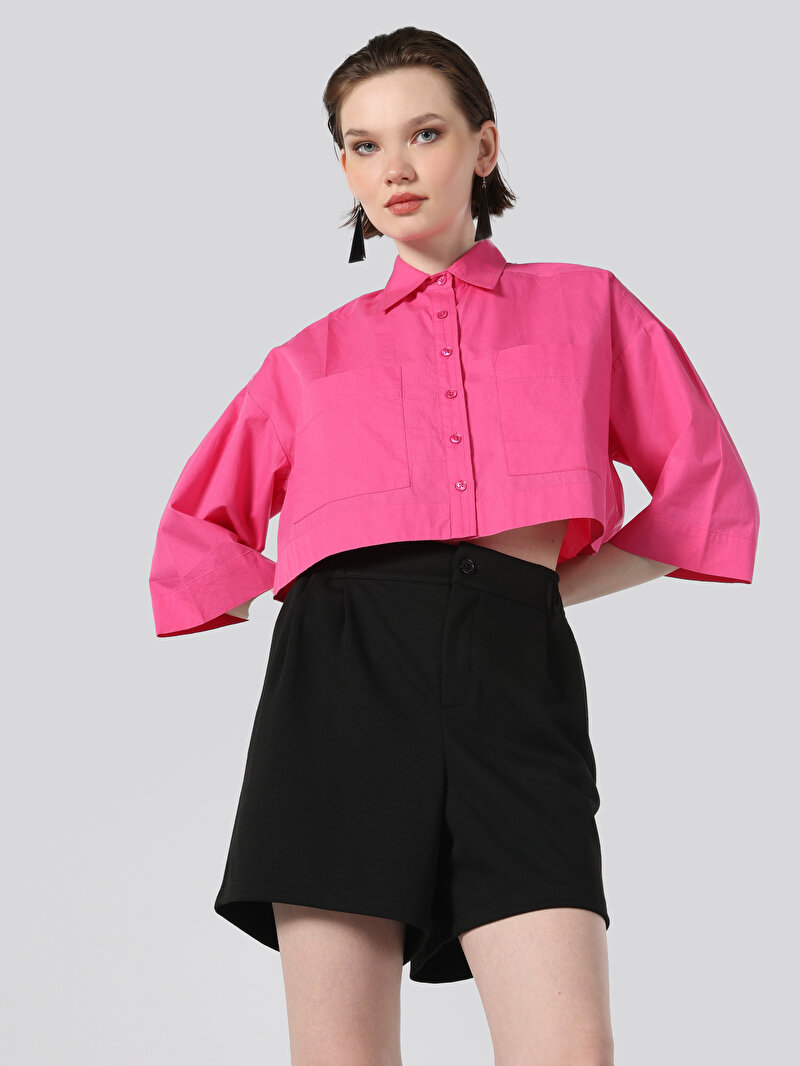 Relaxed Fit Shirt Neck Düz Kadın Pembe ¾ Kol Gömlek