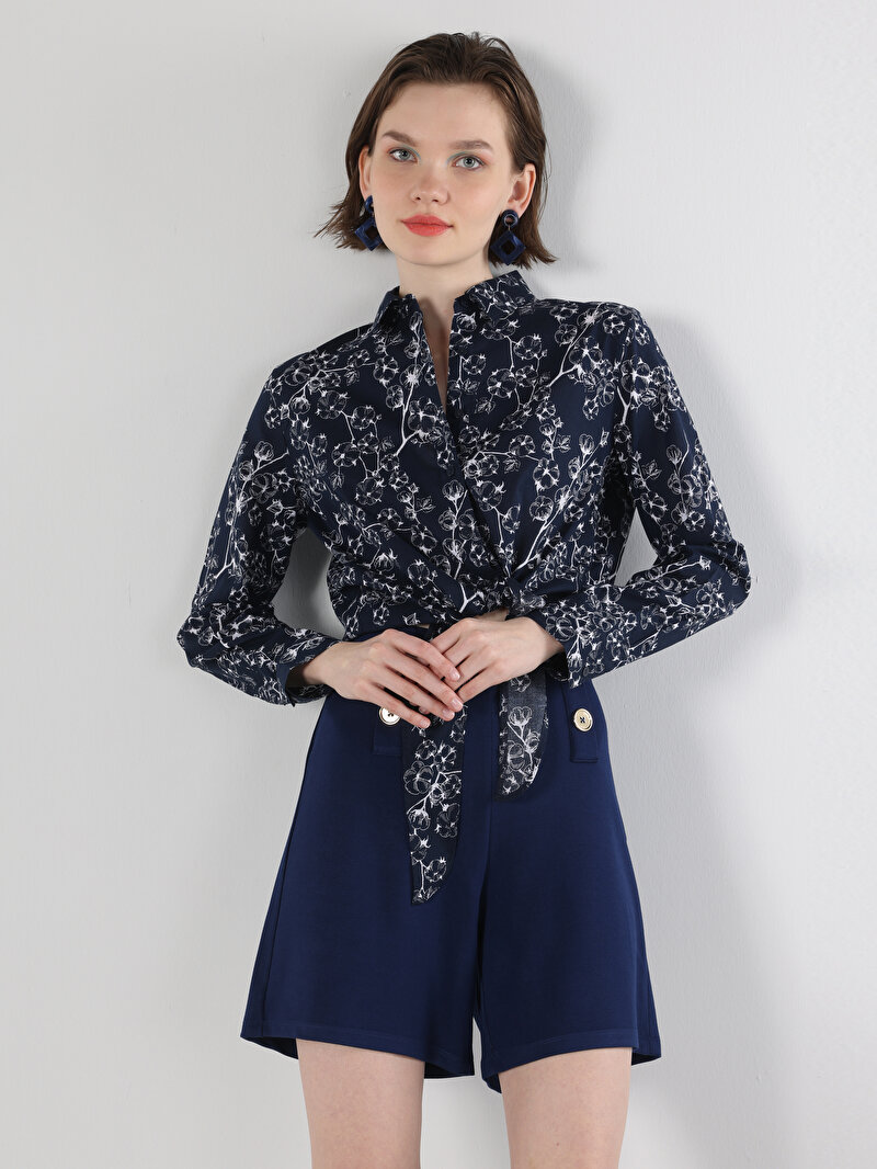 Slim Fit Shirt Neck Çiçekli Kadın Lacivert Uzun Kol Gömlek