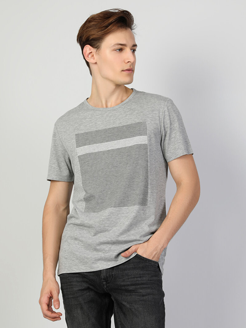 Regular Fit Bisiklet Yaka Örme Erkek Gri Melanj Kısa Kol Tişört