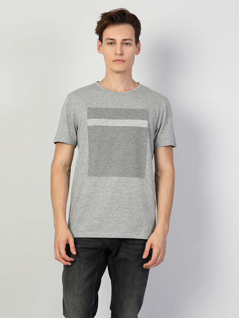 Regular Fit Bisiklet Yaka Örme Erkek Gri Melanj Kısa Kol Tişört