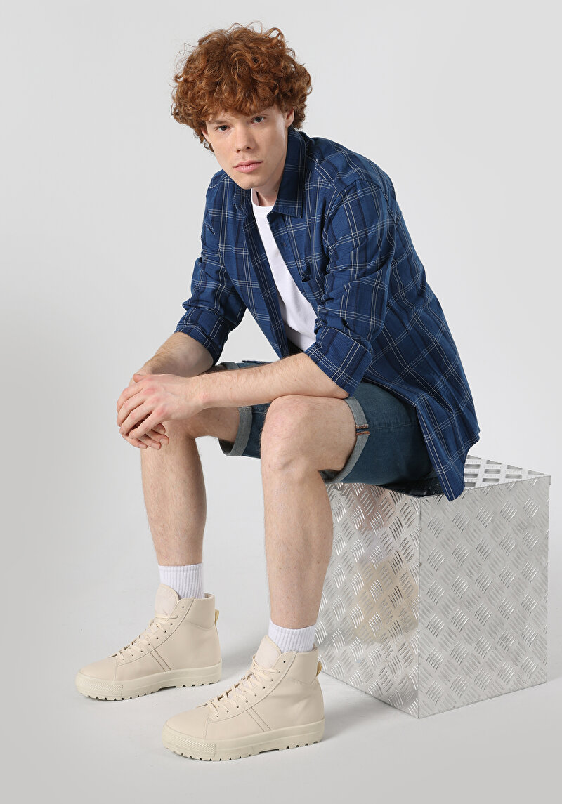 Slim Fit Shirt Neck Ekoseli Erkek Mavi Uzun Kol Gömlek