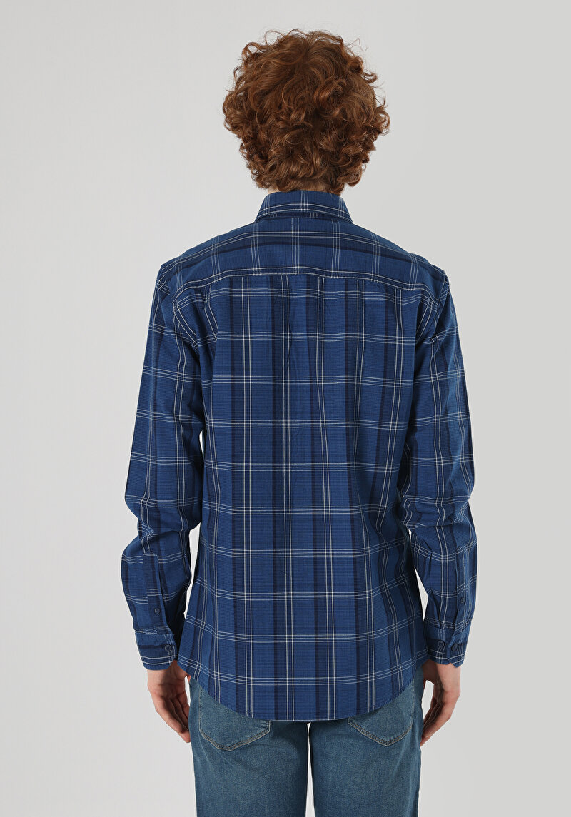 Slim Fit Shirt Neck Ekoseli Erkek Mavi Uzun Kol Gömlek