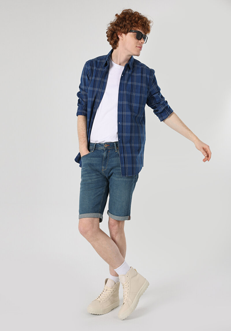 Slim Fit Shirt Neck Ekoseli Erkek Mavi Uzun Kol Gömlek