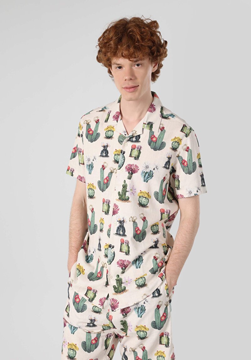 Regular Fit Shirt Neck Baskılı Erkek Çok Renkli Kısa Kol Gömlek