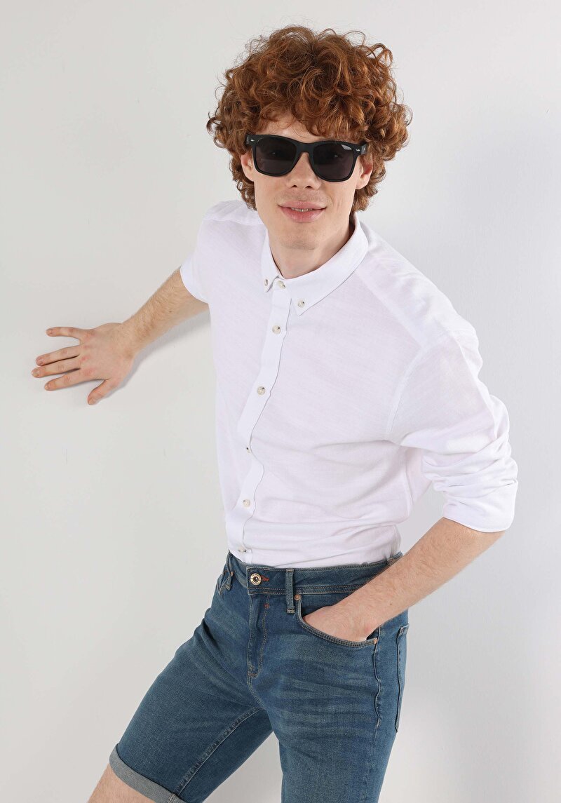 Slim Fit Shirt Neck Düz Erkek Beyaz Uzun Kol Gömlek
